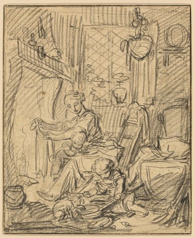 Huiselijke Scene: Moeder met Twee Kleine Kinderen voor een Schouw door François Boucher