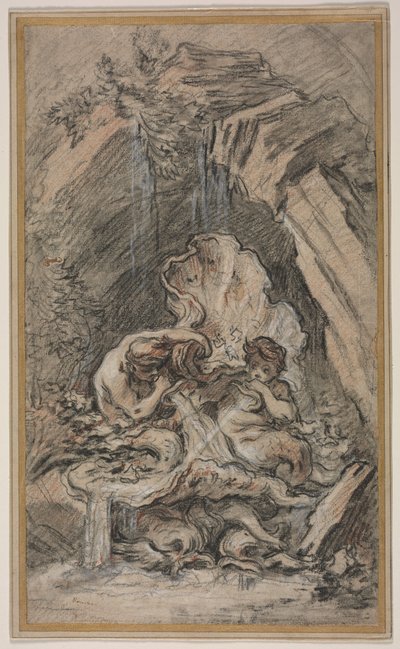 Fontein met Twee Tritons die Schelphoorns Blazen, c. 1736 door François Boucher