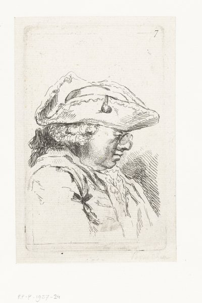 Hoofd van een man met bril en tricorne door François Boucher
