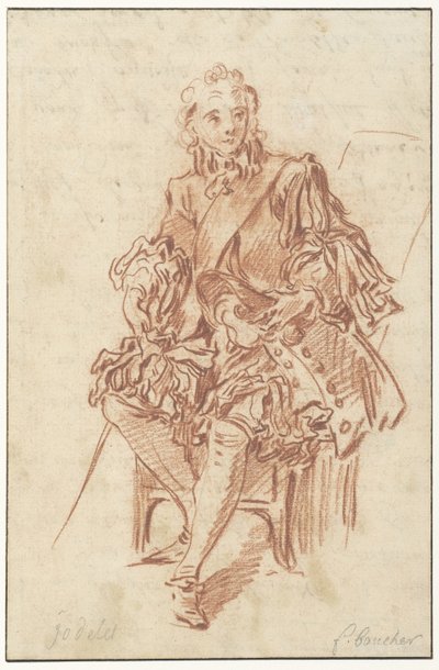 Jodelet zittend op een stoel (Illustratie van Les Précieuses Ridicules uit de 1734 editie van Molière