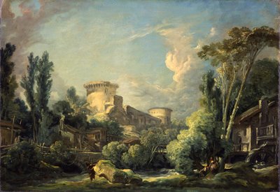 Landschap met kasteel en molen door François Boucher
