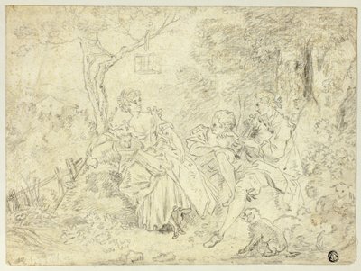 Herderinnen en jonge man die doedelzak speelt door François Boucher