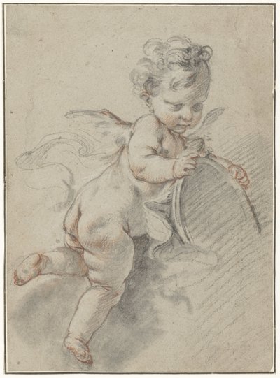 Zwevende putto met een toiletspiegel door François Boucher