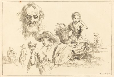 Figurenstudies inclusief Baardgezicht van een Oude Man door François Boucher after Abraham Bloemaert