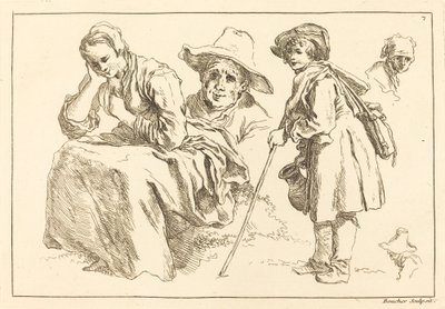 Figurenstudies inclusief staande jongen met een kruik door François Boucher after Abraham Bloemaert