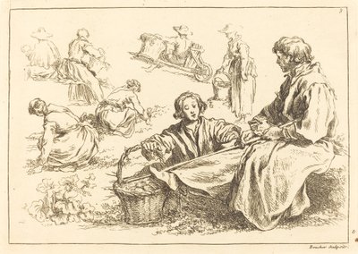 Figurenstudies inclusief Twee Zittende Boeren door François Boucher after Abraham Bloemaert