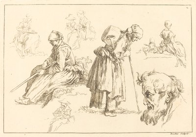 Figurenstudies inclusief vrouw met een ketel door François Boucher after Abraham Bloemaert