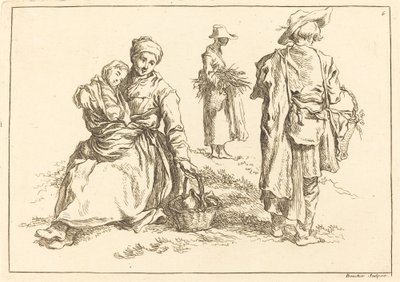 Zittende moeder en kind, twee staande boeren door François Boucher after Abraham Bloemaert