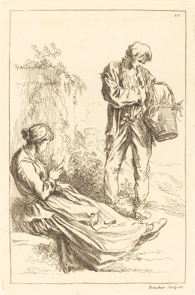 Zittende Vrouw met Boerjongen die een Mand Vasthoudt door François Boucher after Abraham Bloemaert