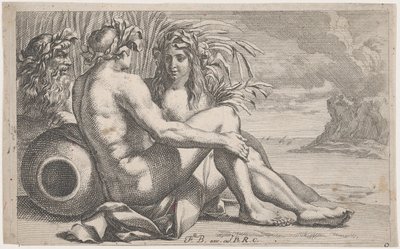 Riviergoden rustend voor een zeelandschap, 1651-82 door François Bourlier