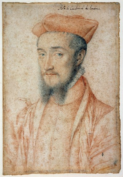 Portret van Charles, Kardinaal van Lotharingen (1525-1574). Tekening met rood krijt en zwarte steen door Clouet Francois (1515-1572) door François Clouet