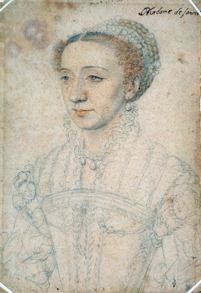 Portret van Marguerite de France, dochter van Francois I, Hertogin van Savoye (1523 - 1574). Tekening met zwarte steen en rood krijt door Francois Clouet (1515-1572) door François Clouet