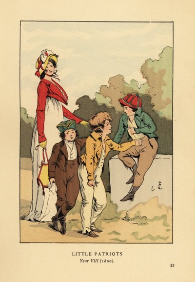 Jongens in jasjes en kniebroeken met Merveilleuse in Romeinse gewaad met muts en spencerjas. Kleine Patriotten, Jaar VIII door François Courboin