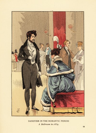 Dandyisme in de Romantische Periode, een balzaal in 1834. Dandy in jas met slippen, strakke broek en hoge hoed. Vrouw in bontjurk met veer in haar haar. Handgekleurde lithografie door R.V. naar een illustratie van Francois Courboin uit Octave Uzanne