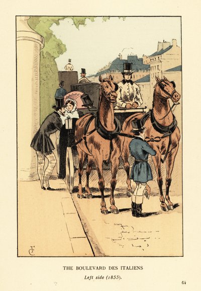 Modieuze rijtuigen op de Boulevard des Italiens, linkerkant door François Courboin