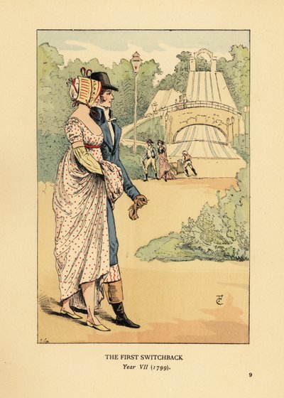 Modieus koppel bij de Russische Bergen achtbaan, Les Montagnes Russes à Belleville, gebouwd in 1812 door François Courboin