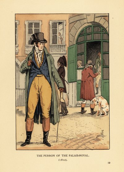 Modieuze heer voor de ingang van de Passage du Perron, Palais Royal. Hij draagt een hoed, das, jas, vest, kniebroek en laarzen. De Perron van het Palais Royal, Parijs door François Courboin