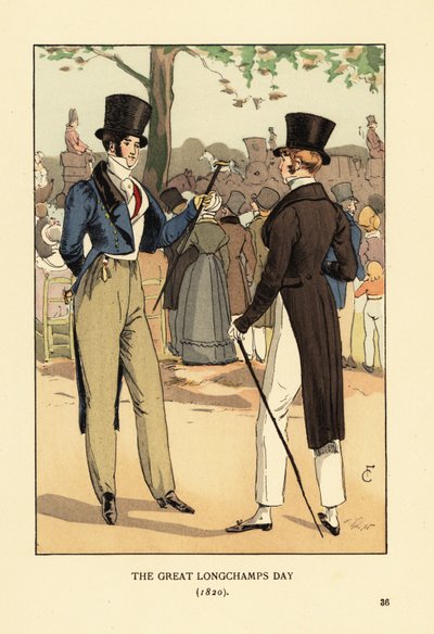 Modieuze heren in hoge hoed en rokkostuum met wandelstokken. Op een grote racedag op de Longchamp renbaan. Menigten modieuze mensen en rijtuigen. De Grote Longchamps Dag door François Courboin