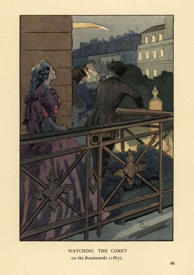 Modieuze mensen kijken naar de komeet van 1857 vanaf een balkon aan de boulevard, Parijs. Vrouw in crinoline met verrekijker. Handgekleurde lithografie door R.V. naar een illustratie van Francois Courboin uit Octave Uzanne