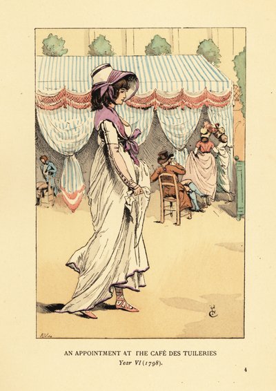 Modieuze vrouw die aankomt voor een afspraak in het Café des Tuileries, Parijs, Jaar VI door François Courboin