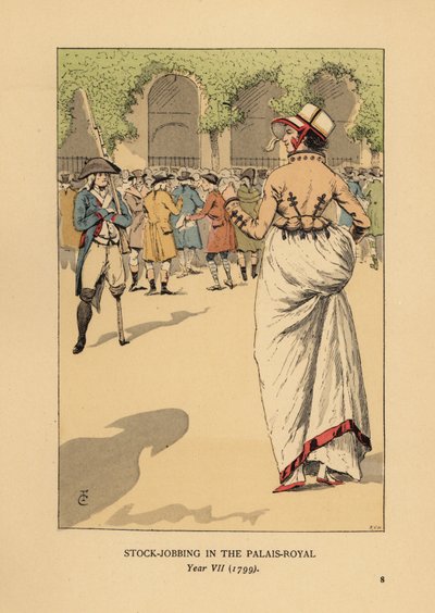 Modieuze vrouw met een groep speculanten of agioteurs, Parijs. Een eenbenige revolutionaire soldaat staat op wacht. Beursactiviteiten in het Palais Royal, Jaar VII door François Courboin