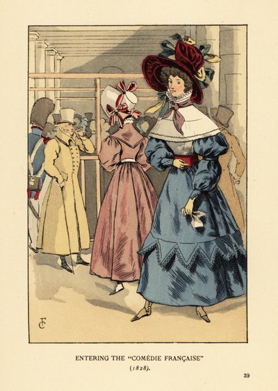Modieuze vrouwen bij een toneelstuk, Parijs. Vrouw in grote hoed met linten, jurk met hoge kraag, kanten cape of pelerine en volle mouwen en beret. Binnenkomst bij de Comedie Francaise door François Courboin