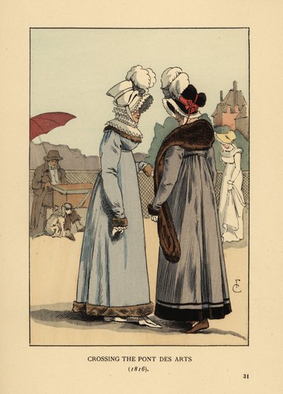 Modieuze vrouwen in hoeden met veren, kanten kraagjes en met bont afgewerkte jurken. Oversteken van de Pont des Arts, Parijs door François Courboin