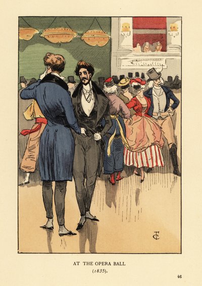 Fops in jas met staarten, vest, strakke broek en witte kousen. Mensen in kostuum en maskers achter hen. Op het Opera Bal 1835. Handgekleurde lithografie door R.V. naar een illustratie van Francois Courboin uit Octave Uzanne