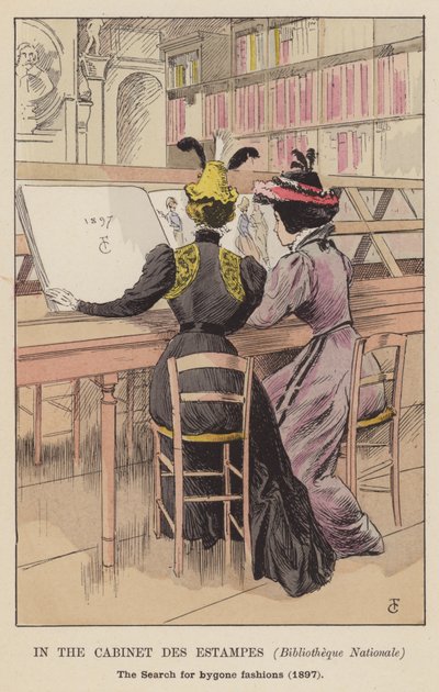 In het Cabinet des Estampes, Bibliothèque Nationale, op zoek naar vervlogen mode, 1897 door François Courboin