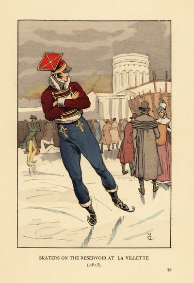 Lansier en heren schaatsen op het Bassin de la Villette, Parijs door François Courboin