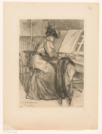 Lezende vrouw in een bibliotheek door François Courboin