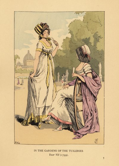 Twee modieuze vrouwen in de tuinen van de Tuilerieën, Jardins des Tuileries, Parijs, Jaar VII door François Courboin
