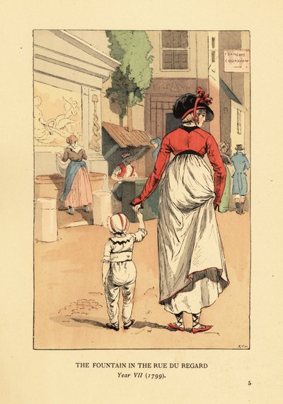 Vrouw en kind voor de Fontein van Leda, Fontaine de Leda, in de Rue du Regard, Parijs, Jaar VII door François Courboin