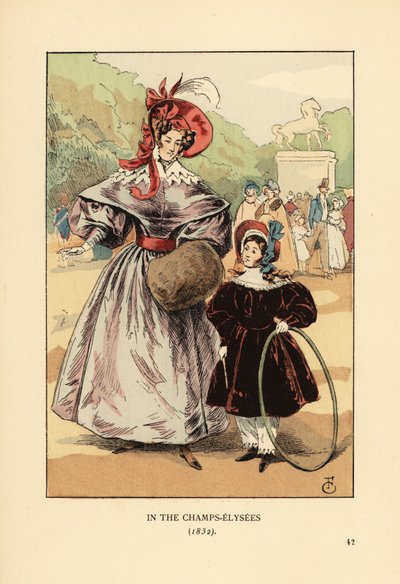 Vrouw en kind met hoepel spelen in het park. In de Champs Elysees door François Courboin
