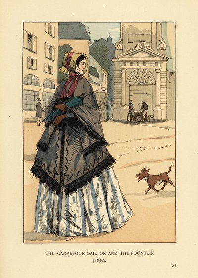 Vrouw voor de fontein op Place Gaillon, Parijs. Ze draagt een kasjmier sjaal met armsgaten genaamd la visite over haar crinoline. Het carrefour Gaillon en de fontein door François Courboin