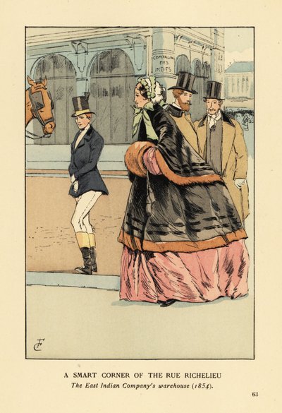 Vrouw in bontgevoerde cape en mof over een brede crinoline, met een andere vrouw in rijbroek. Een slimme hoek van de rue de Richelieu, het pakhuis van de Oost-Indische Compagnie, Parijs door François Courboin