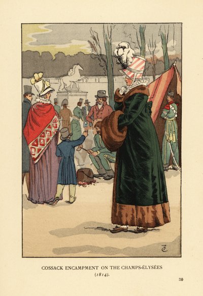 Vrouw in bontjas met bontmof bezoekt de Tataarse en Kalmykse Kozakkenbivak in Parijs na de val van Napoleon. Kozakkenkamp op de Champs Elysees door François Courboin