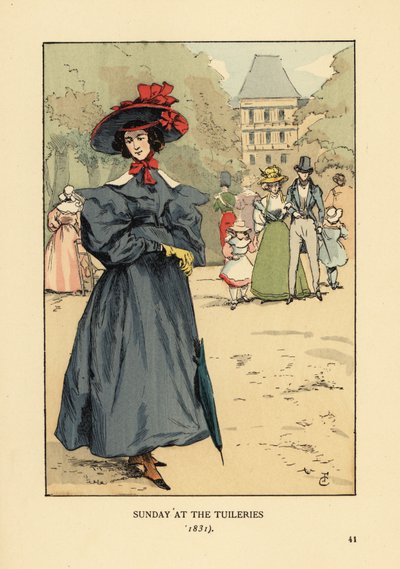 Vrouw flaneert in zondagse kleding in het park. Ze draagt een breedgerande hoed, jurk met volle mouwen, enkel laarzen en draagt een parasol. Zondag in de Tuilerieën Tuin door François Courboin