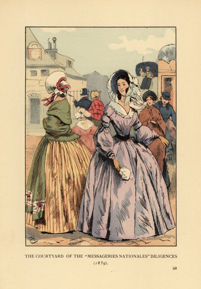 Vrouwen wachten op postkoetsen in Parijs door François Courboin