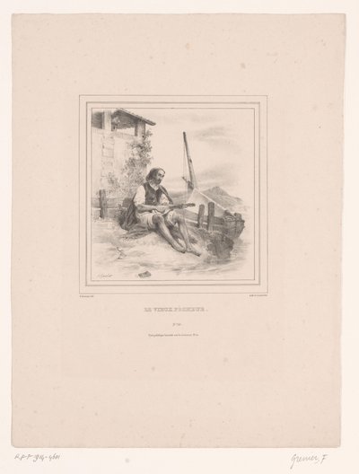 Oude visser met luit aan het water door François Grenier
