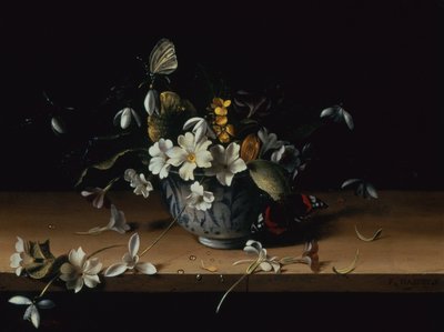 Bloemen in een Blauwe en Witte Chinese Porseleinen Kom met een Rood Admiraalvlinder op een Houten Ledge door François Habert