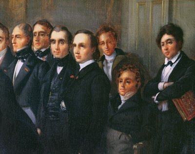 Lezing in de foyer van de Comedie Francaise, 26 mei 1828 (detail) door François Joseph Heim