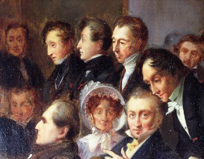 Lezing in de foyer van de Comédie Française, 26 mei 1828 (detail) door François Joseph Heim