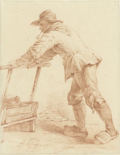 Jongen op klompen, duwend tegen een slee (?) door François Joseph Pfeiffer (II)