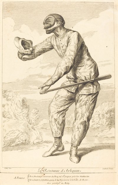 De Reverence van Arlequin door François Joullain after Claude Gillot