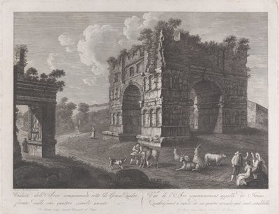 Zicht op de Boog van Janus, met herders en geiten op de voorgrond door François Morel