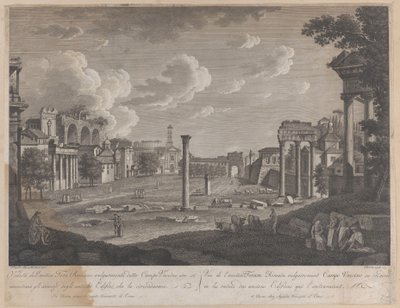 Uitzicht op het Campo Vaccino, met het Colosseum op de achtergrond en de ruïnes van de Tempel, 1796 door François Morel