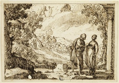 Ongeïdentificeerde mythologische scène met converserende man en vrouw in klassiek landschap door François Roëttiers