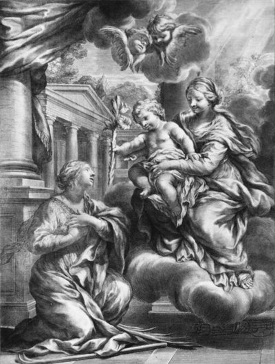 Sint Martina knielt voor de Maagd en het Kind, terwijl het Kind haar een lelie aanbiedt door François Spierre