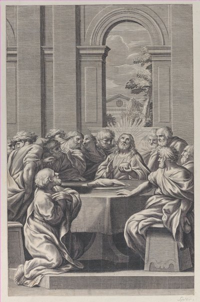 Het laatste avondmaal, het interieur van een klassiek gebouw met Christus en zijn apostelen (detail) door François Spierre